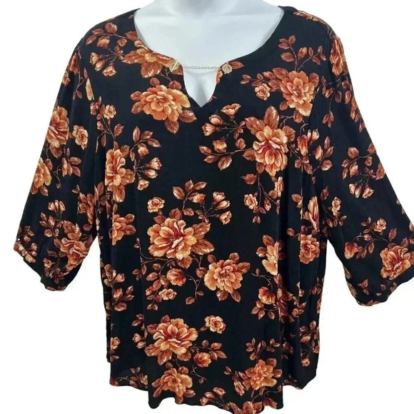 Torrid 5XL Womens Black Floral Print Crepe Chain Detail Blouse 3/4 Sleeves Boho - Picture 5 of 16
